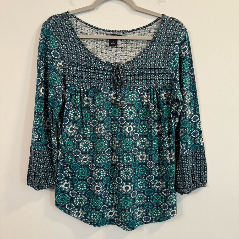 Women's Lucky Brand Teal Patterned quarter sleeve Top size small